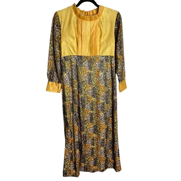 60s Mayfair Cotton Lined Yellow Fall Abstract Maxi Dress Pleated Long Sleeve - Picture 3 of 8